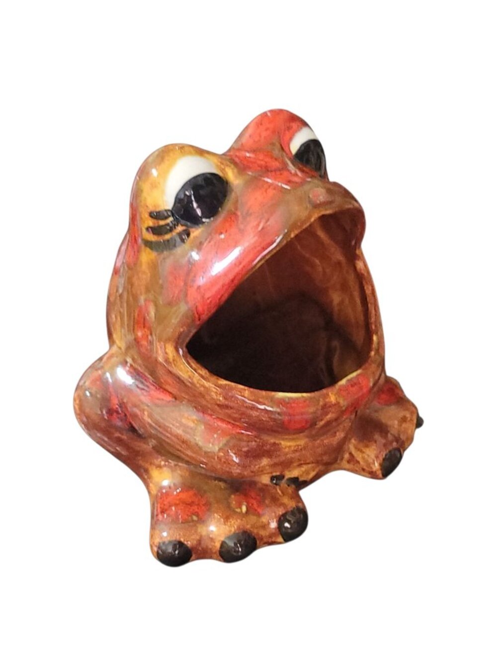 Vtg Ceramic Frog Sponge Holder Mid-Century Hand painted Retro Groovy Orange Brow